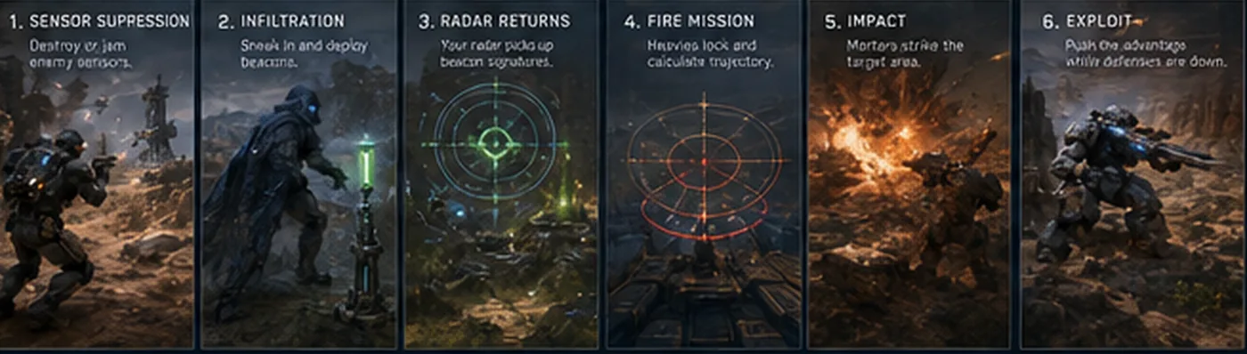 Six-panel concept strip of the beacon-artillery chain: sensor suppression, infiltration, radar returns, fire mission, impact, exploit