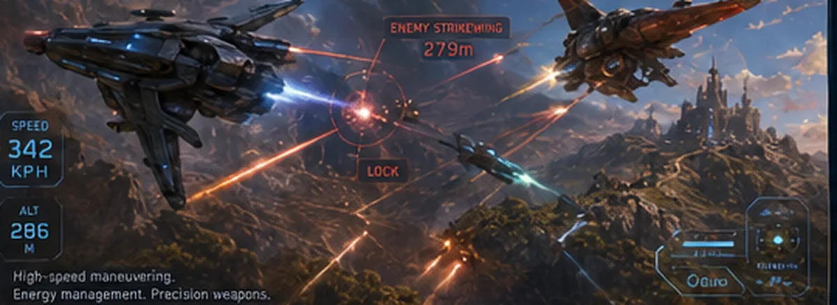 Concept air combat: a Skylance fighter locks on to an enemy Strikewing above the valley