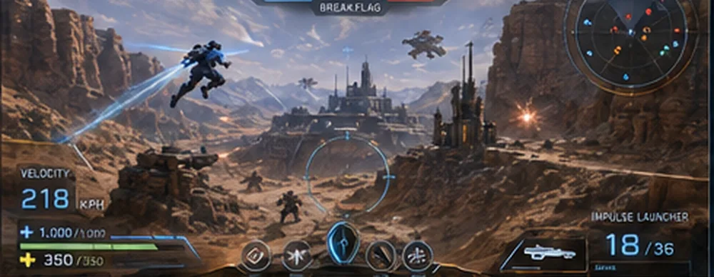 Concept in-game view: a runner crosses a canyon at speed with the velocity readout on the HUD