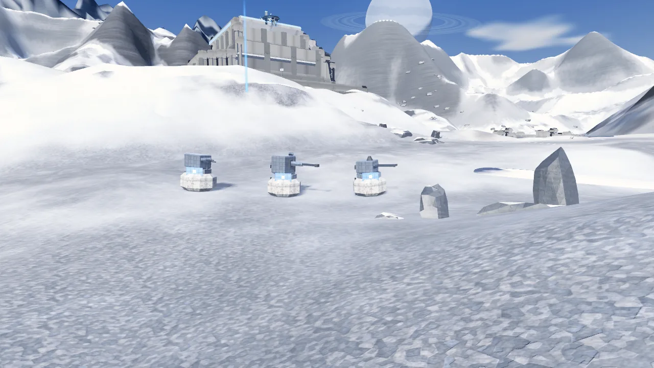 Development build: a base seen from the field, its base guns on the approach and the radar on the ring