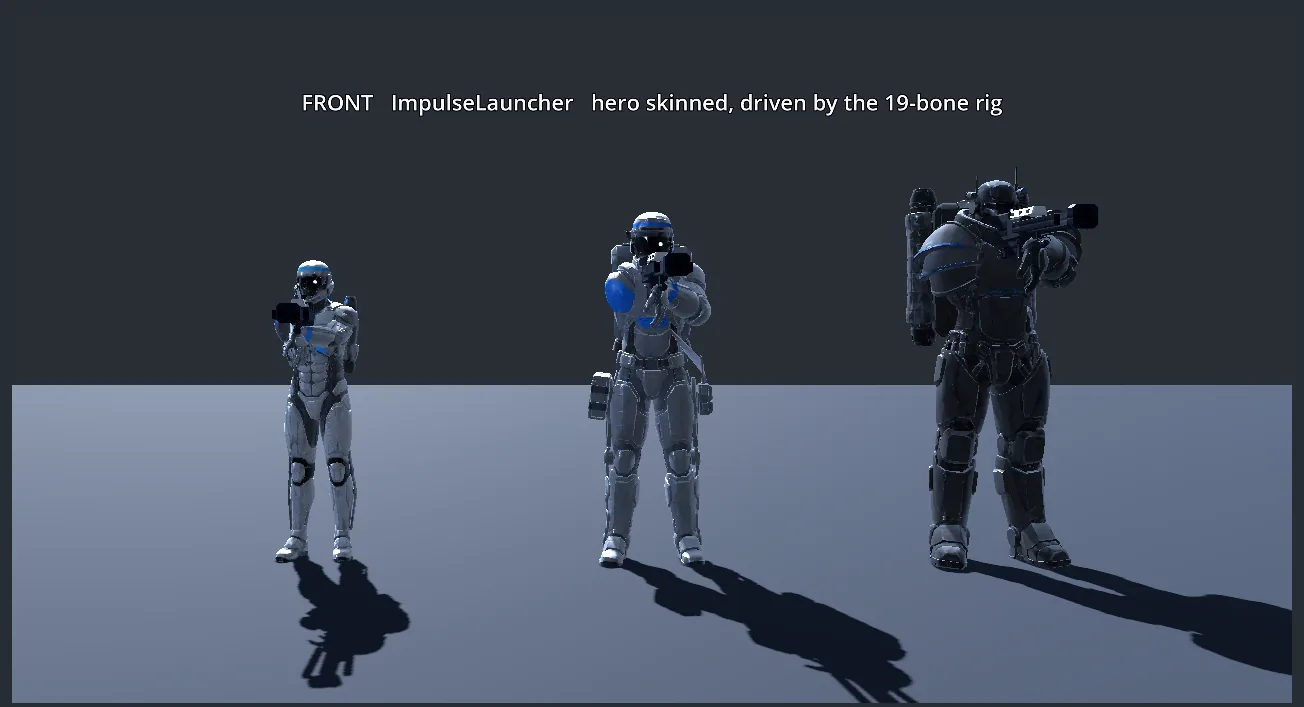 Development build: the Strider, Ranger and Bulwark side by side in the studio lineup, blue team
