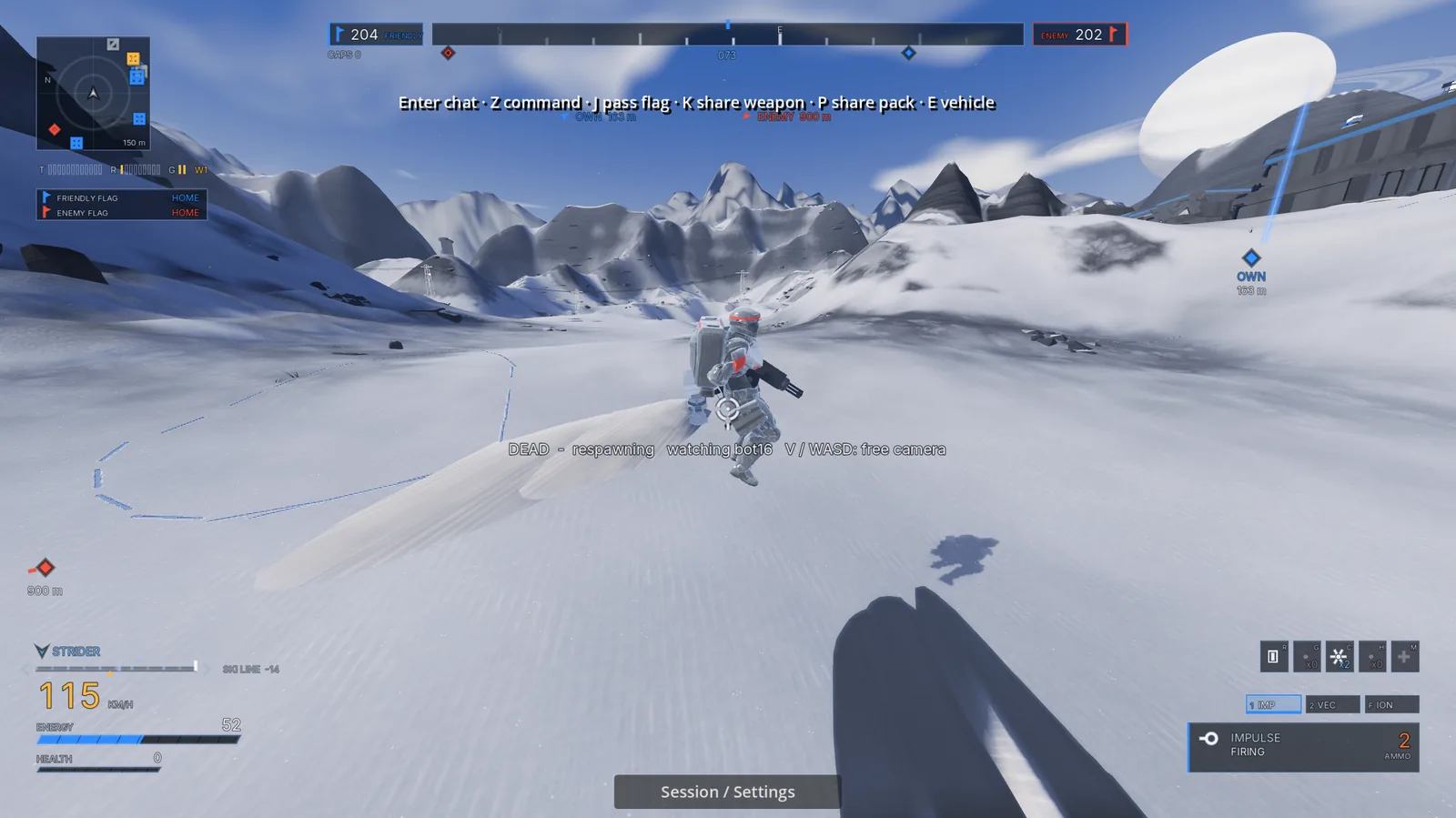 Development build: a frame sprinting across the icefield, the big map, with the velocity readout on the HUD