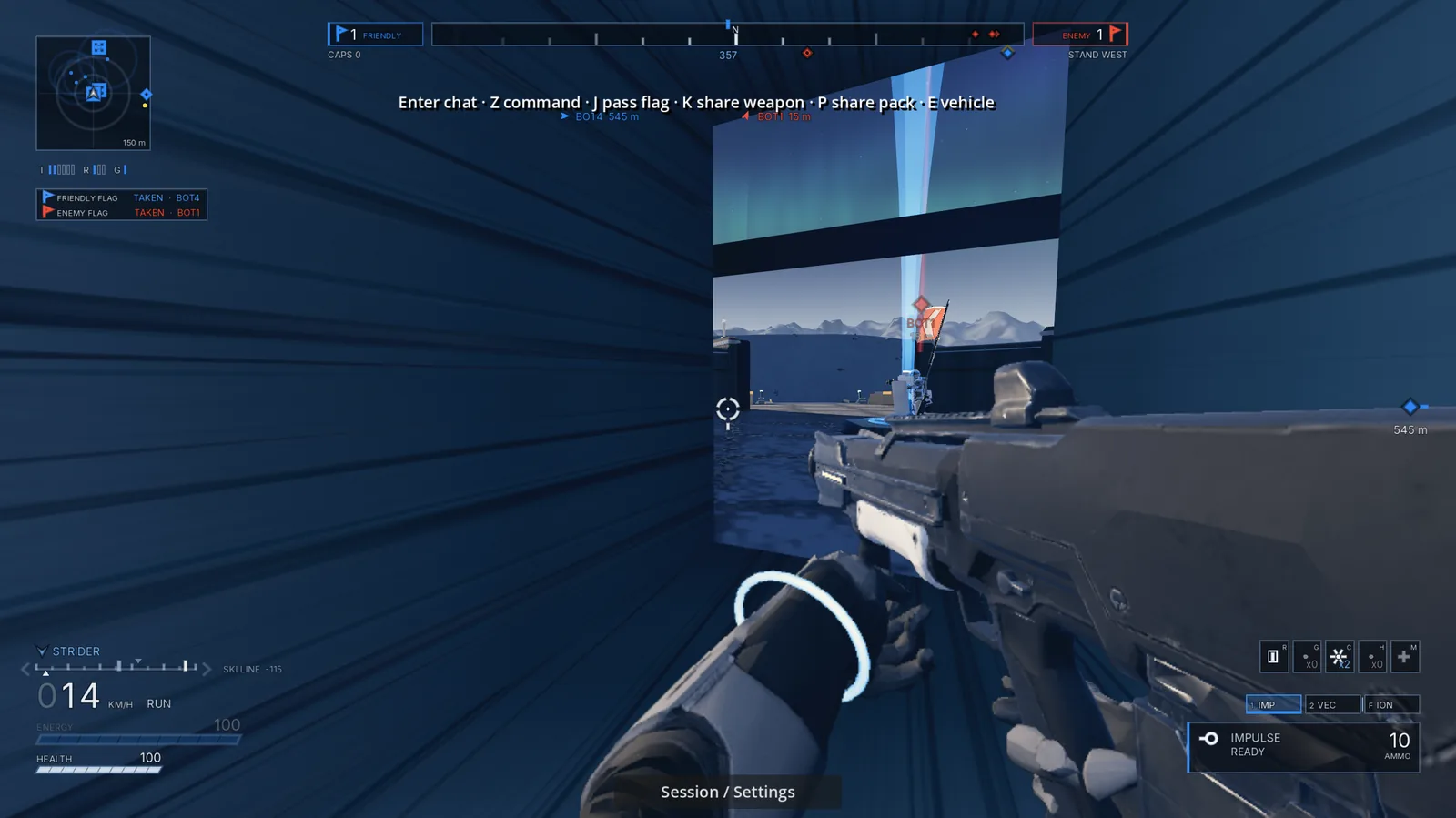 Development build: inside a Skerry Yard flag room, looking out past the Core's light at the aurora