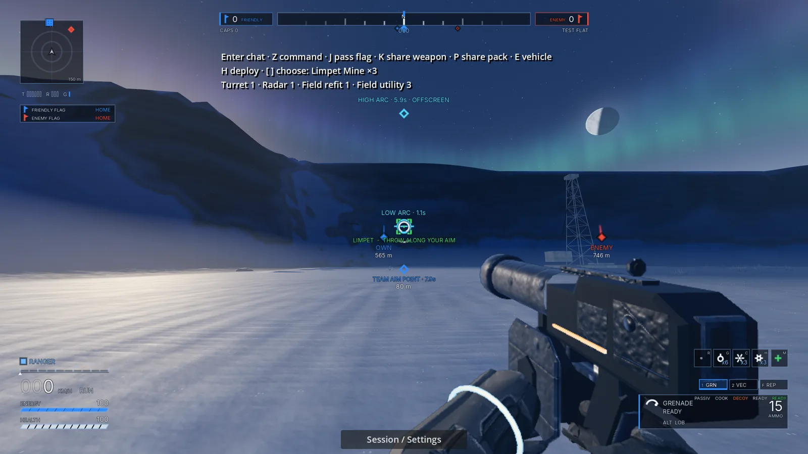 Development build: night under the aurora, a Spotter's aim solution painted on the enemy base for the Gravity Mortar