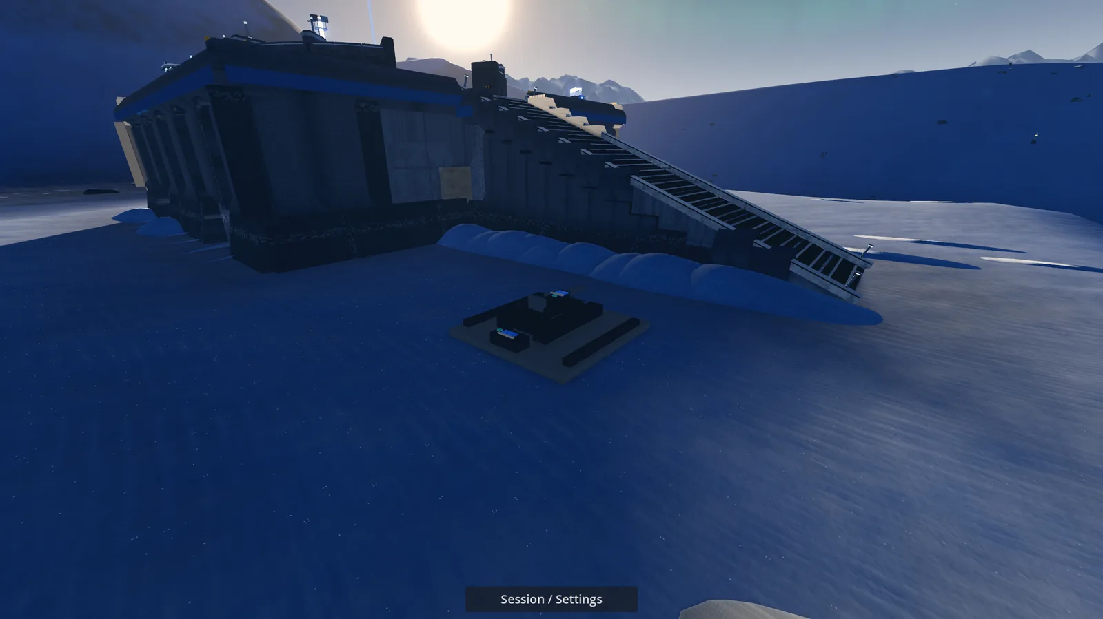 Development build: the hover scout on its pad at dusk