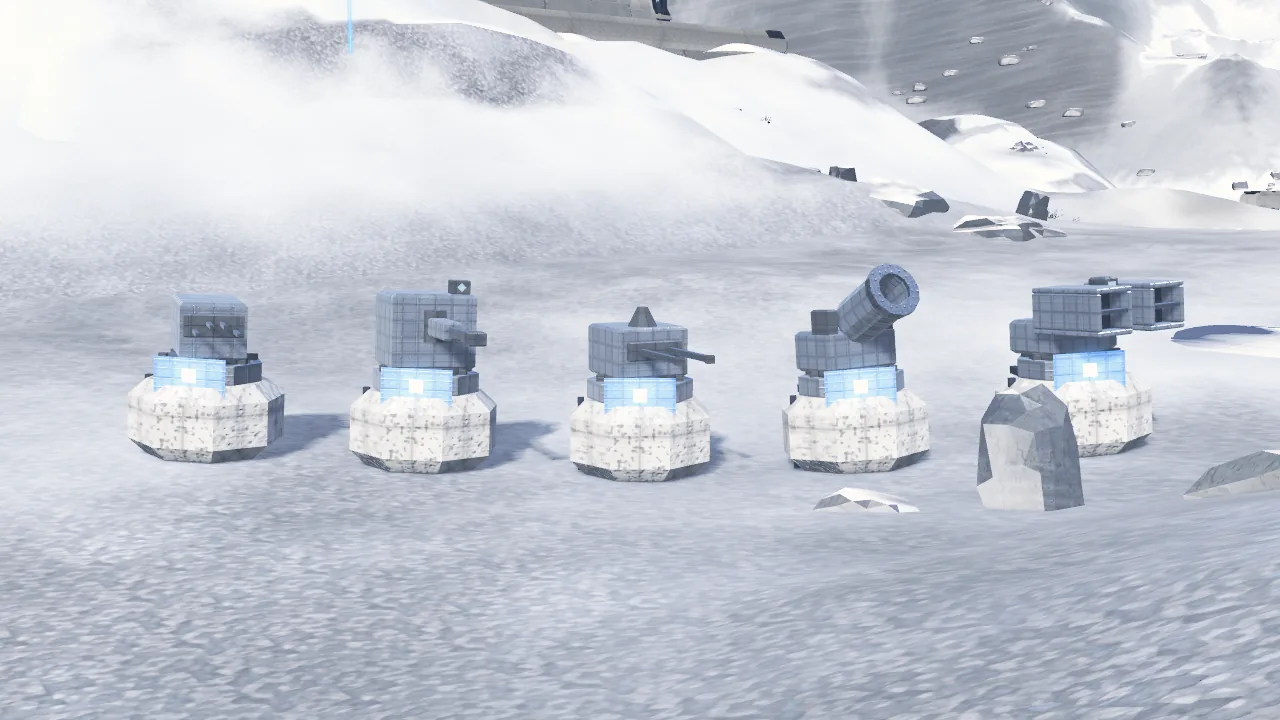 Development build: the five base gun barrels side by side: PD, Cannon, Flak, Mortar, Seeker